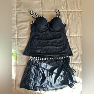 Black Two-Piece Swim Tankini with Striped Trim